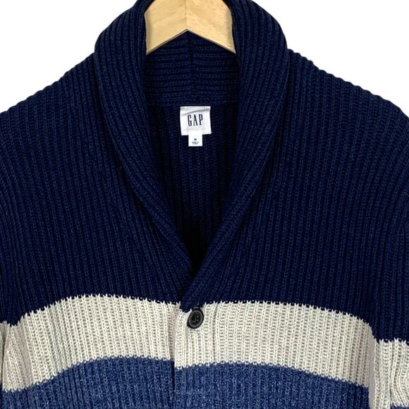 GAP Mens MCotton Blend Shawl Collar Ribbed Blue Strip Cardigan Pockets - Picture 3 of 11